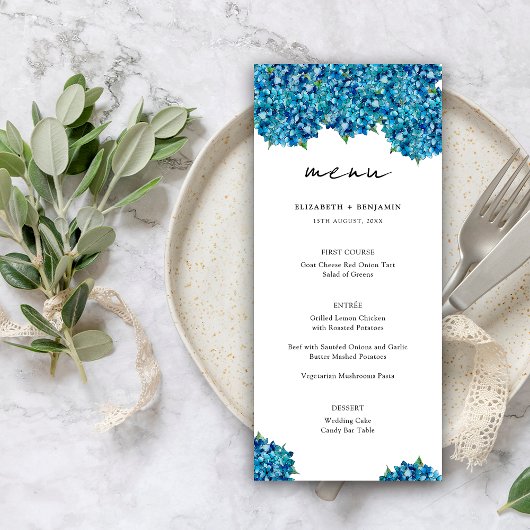 Elegant Modern Blue Hydrangeas Floral Wedding Menu
