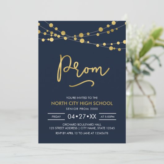 Elegant Modern Blue Strings of Lights School Prom Kaart (Staand voorkant)