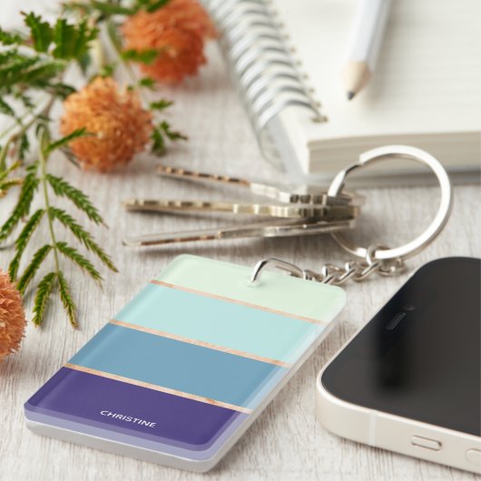 Elegant Modern Blue Striped First Name Women Sleutelhanger (Voorkant Rechts)