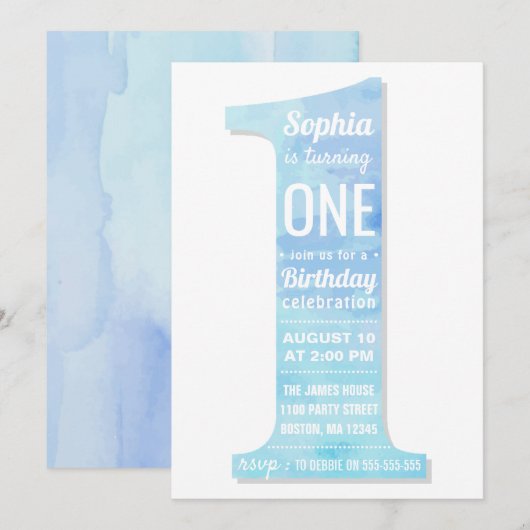 Elegant Modern Blue Waterverf Boy First Birthday Kaart (Voorkant / Achterkant)