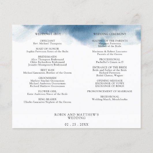 Elegant Modern Blue Wedding-tijdlijn en -programma (Achterkant)