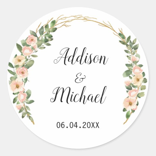 Elegant Modern Blumen Hochzeitsbogen Ronde Sticker (Voorkant)