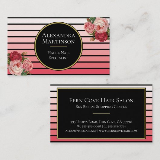 Elegant Modern Blush Ombre Stripes Floral Visitekaartje (Voorkant / Achterkant)