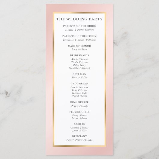 Elegant Modern Blush Pink and Gold Wedding Programmakaart (Achterkant)