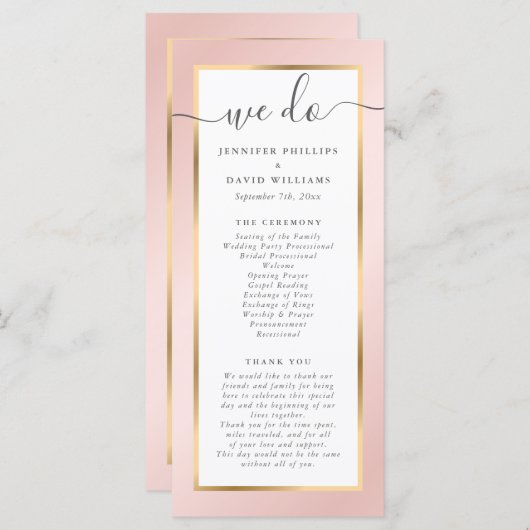 Elegant Modern Blush Pink and Gold Wedding Programmakaart (Voorkant / Achterkant)