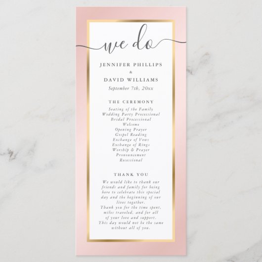 Elegant Modern Blush Pink and Gold Wedding Programmakaart (Voorkant)