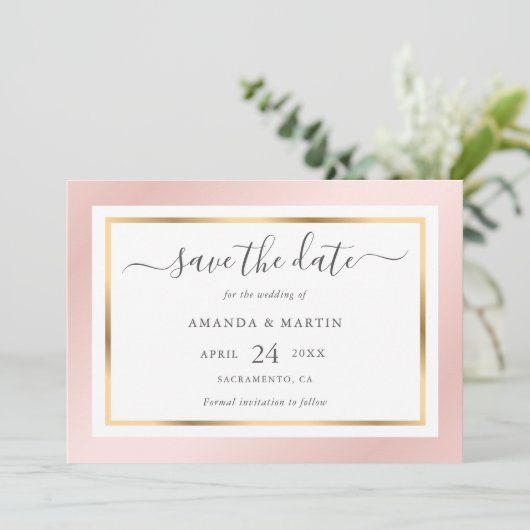 Elegant Modern Blush Pink and Gold Wedding Save The Date (Staand voorkant)