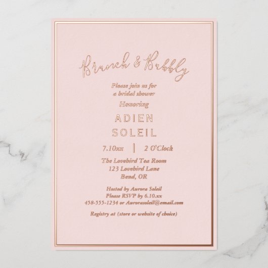 Elegant Modern Blush Roos Gold Brunch en Bubble Folie Uitnodiging (Voorkant)