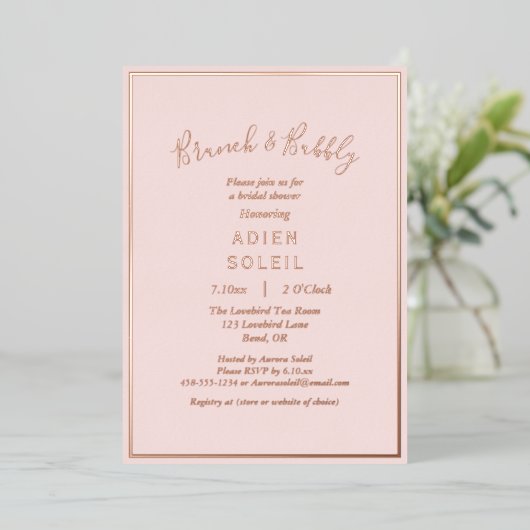 Elegant Modern Blush Roos Gold Brunch en Bubble Folie Uitnodiging (Staand Voorkant)