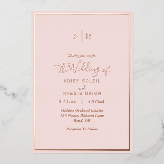 Elegant Modern Blush Roos Gold Monogram Weddenscha Folie Uitnodiging (Voorkant)