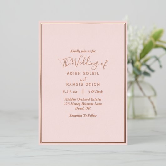 Elegant Modern Blush Roos Gold Wedding Folie Uitnodiging (Staand Voorkant)