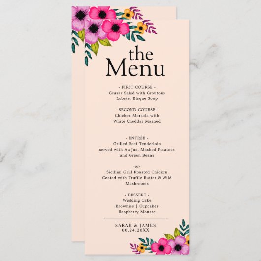 Elegant modern Blush Roze Floral Rustial Dinner Menu (Voorkant / Achterkant)