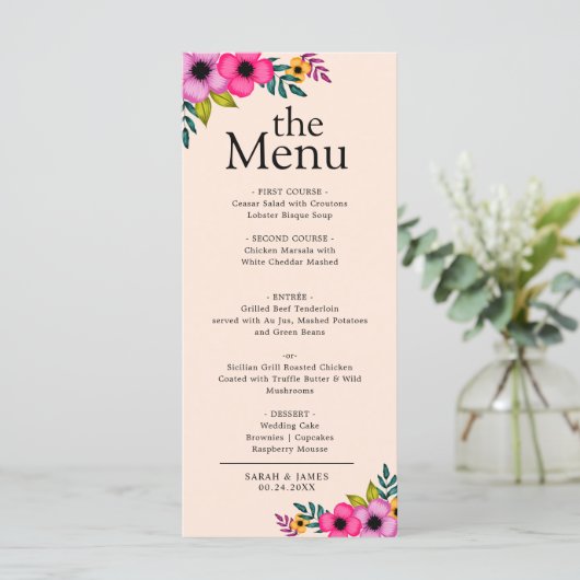 Elegant modern Blush Roze Floral Rustial Dinner Menu (Staand voorkant)
