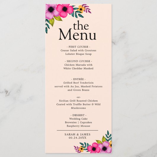  Elegant modern Blush Roze Floral Rustial Dinner Menu (Voorkant)