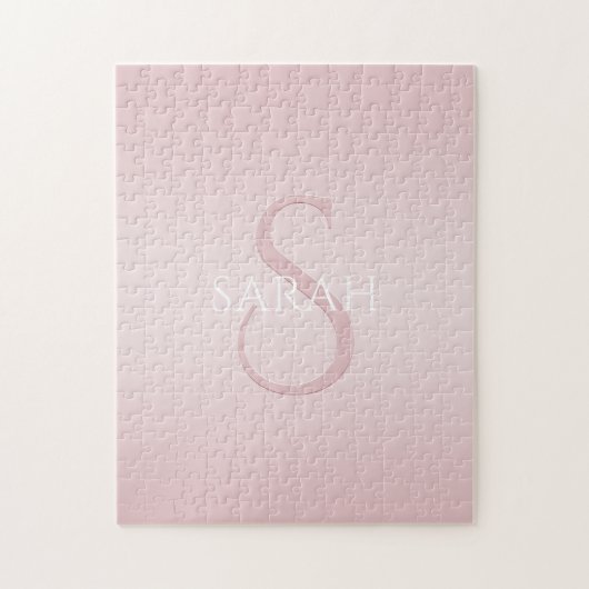 Elegant Modern Blush Roze Ombre Naam & Monogram Legpuzzel (Verticaal)