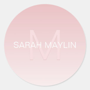 Elegant Modern Blush Roze Ombre Naam & Monogram Ronde Sticker