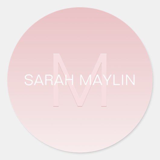 Elegant Modern Blush Roze Ombre Naam & Monogram Ronde Sticker (Voorkant)
