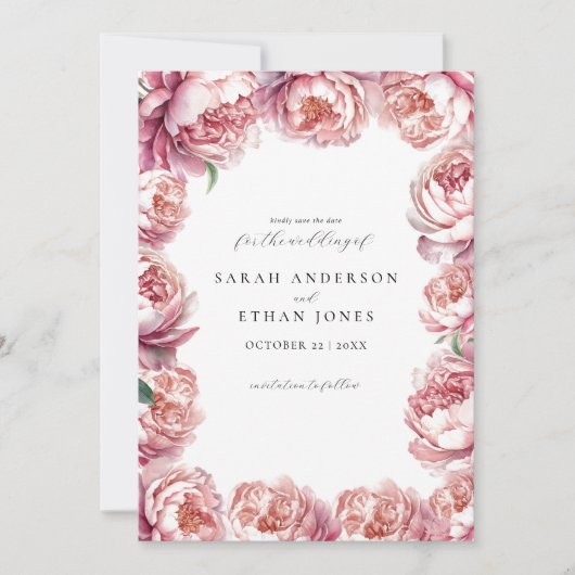 Elegant Modern Blush Roze Pioen Bloemen Bruiloft Save The Date (Voorkant)