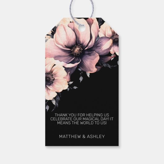 Elegant Modern Blush Roze Zwart Bloemen Bruiloft Cadeaulabel (Achterkant)