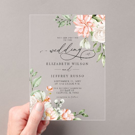 Elegant Modern Blush White Floral Wedding Acryl Uitnodigingen (Insitu (Draagbaar))