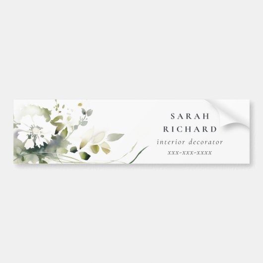 Elegant Modern Boho Abstract Groen Wit Bloemen Bumpersticker (Voorkant)