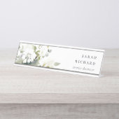 Elegant Modern Boho Abstract Groen Wit Bloemen Bureau Naambordje (Voorkant)