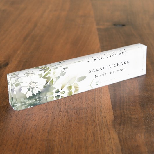 Elegant Modern Boho Abstract Groen Wit Bloemen Naambordje (Zijkant)