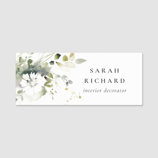 Elegant Modern Boho Abstract Groen Wit Bloemen Naamplaatje (Voorkant)