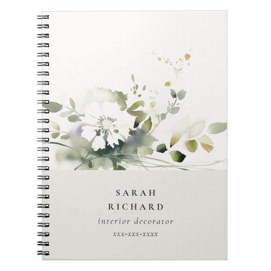 Elegant Modern Boho Abstract Groen Wit Bloemen Notitieboek (Voorkant)