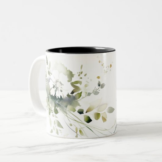 Elegant Modern Boho Abstract Groen Wit Bloemen Tweekleurige Koffiemok (Voorkant links)