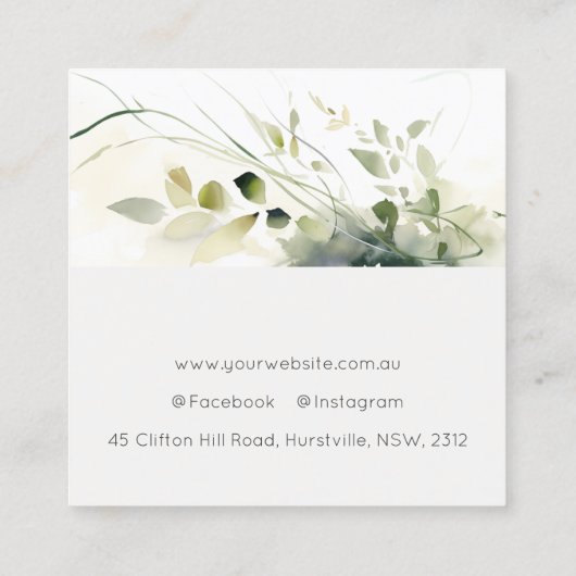 Elegant Modern Boho Abstract Groen Wit Bloemen Vierkante Visitekaartje (Achterkant)