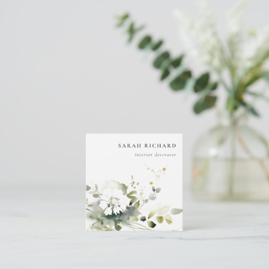 Elegant Modern Boho Abstract Groen Wit Bloemen Vierkante Visitekaartje (Staand voorkant)
