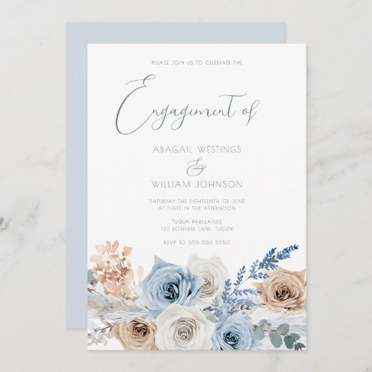 Elegant Modern Boho Blue Engagement Party Kaart (Voorkant / Achterkant)