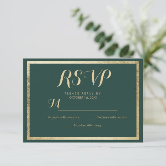 Elegant modern bos groen faux goud RSVP (Staand voorkant)