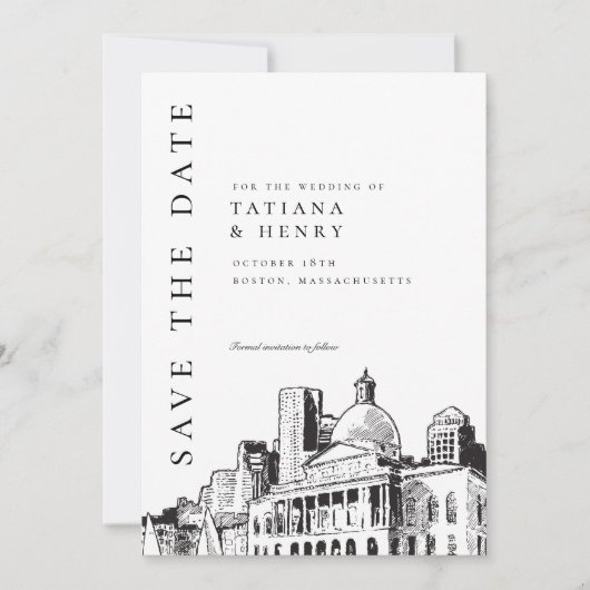 Elegant Modern Boston Sketch Bruiloft Save the Dat Kaart (Voorkant)