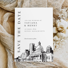 Elegant Modern Boston Sketch Bruiloft Save the Dat Kaart