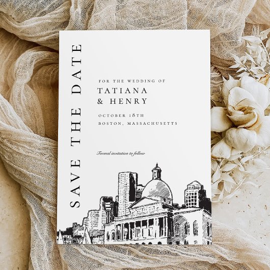 Elegant Modern Boston Sketch Bruiloft Save the Dat Kaart