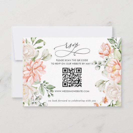 Elegant Modern Botanical Blush Floral QR CODE RSVP Kaartje (Voorkant)