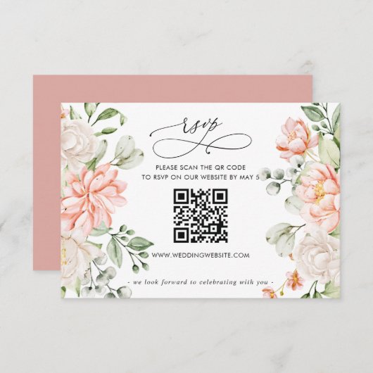 Elegant Modern Botanical Blush Floral QR CODE RSVP Kaartje (Voorkant / Achterkant)