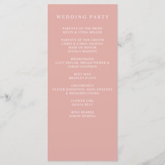 Elegant Modern Botanical Blush Pink Floral Wedding Programmakaart (Achterkant)