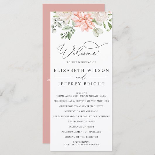 Elegant Modern Botanical Blush Pink Floral Wedding Programmakaart (Voorkant / Achterkant)