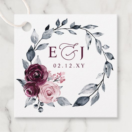 Elegant Modern Botanical Burgundy Floral Wedding Bedankjes Labels (Voorkant)