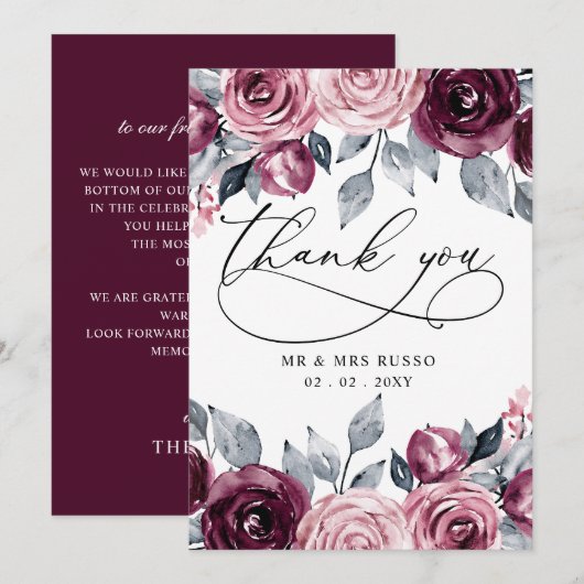 Elegant Modern Botanical Burgundy Floral Wedding Bedankkaart (Voorkant / Achterkant)