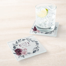 Elegant Modern Botanical Burgundy Floral Wedding Glazen Onderzetter