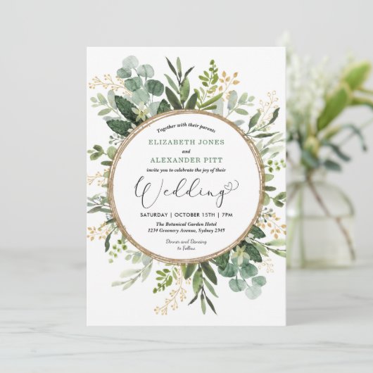 Elegant Modern Botanical Greenery Wedding Kaart (Staand voorkant)