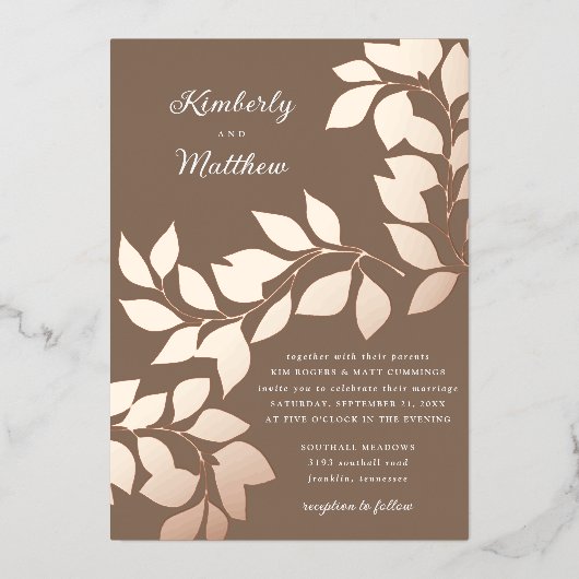 Elegant modern botanische bladeren Roos Gold Weddi Folie Uitnodiging (Voorkant)