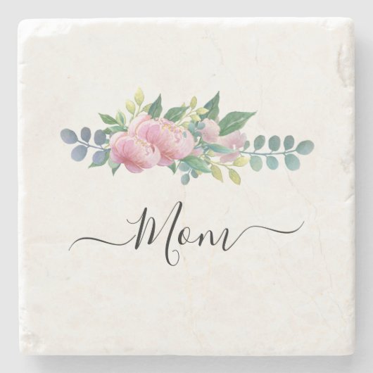 Elegant Modern Botanische Groene Roze Bloemmam Stenen Onderzetter (Voorkant)