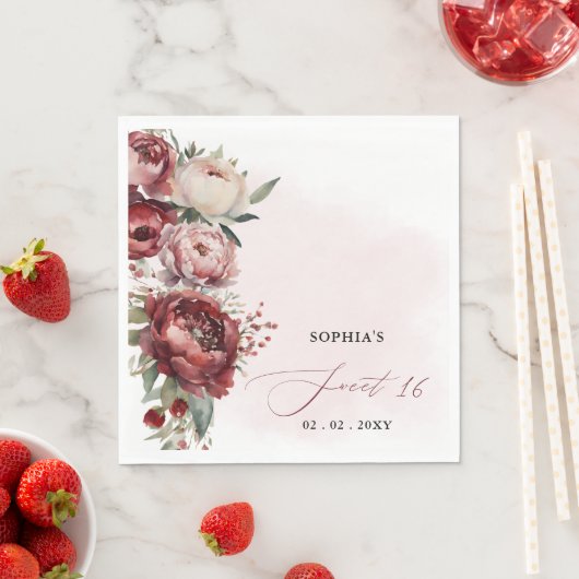 Elegant Modern Bourgogne Blush Bloemen Zoet 16 Servet (Insitu)