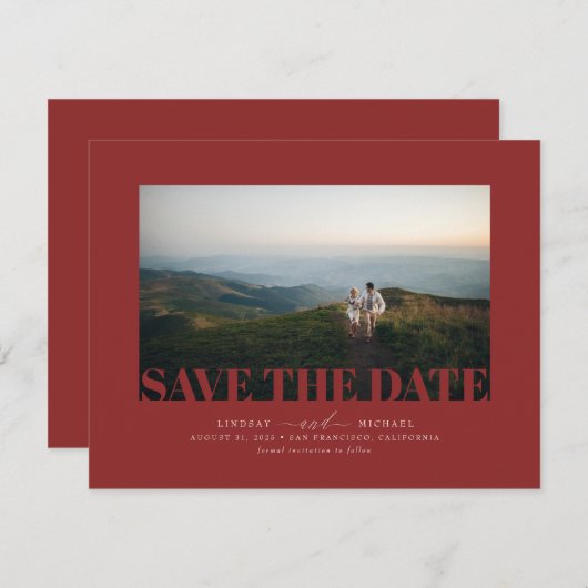 Elegant Modern Bourgondisch Rood Save the Date Fot (Voorkant / Achterkant)