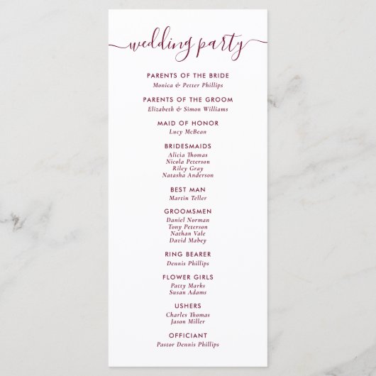 Elegant modern Bourgundy Wedding Programme Programmakaart (Achterkant)